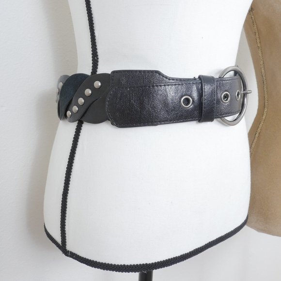 Vintage Accessories - Black Leather Suede Silver Stud Metal Circle Buckle Y2K Rocker 80's Vintage Belt